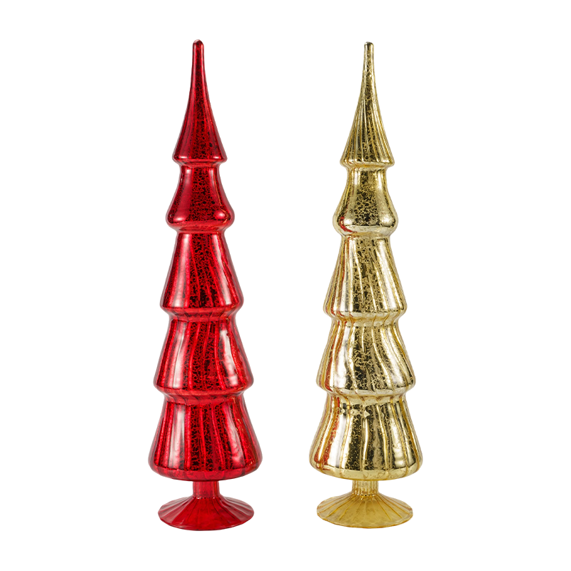 10 x 40 cm roterende gestreepte glazen kerstboom, 2-delige set tafeldecoratie