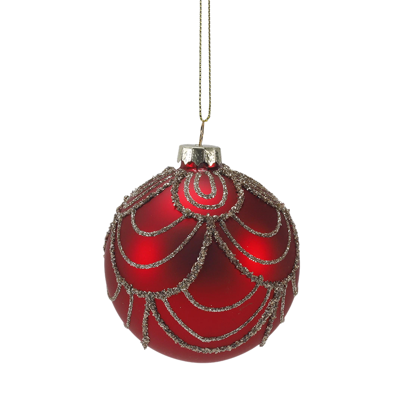 8 cm rode matte glazen kerstbal met gouden glitterwervelingen