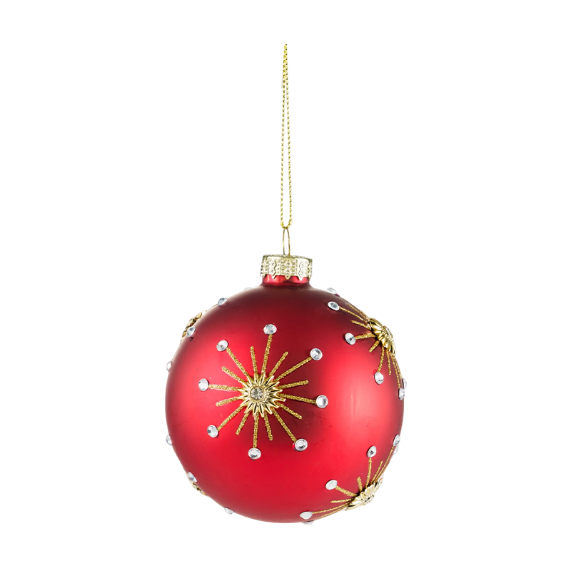 8 cm rode matte glazen kerstbal met gouden glitterwervelingen