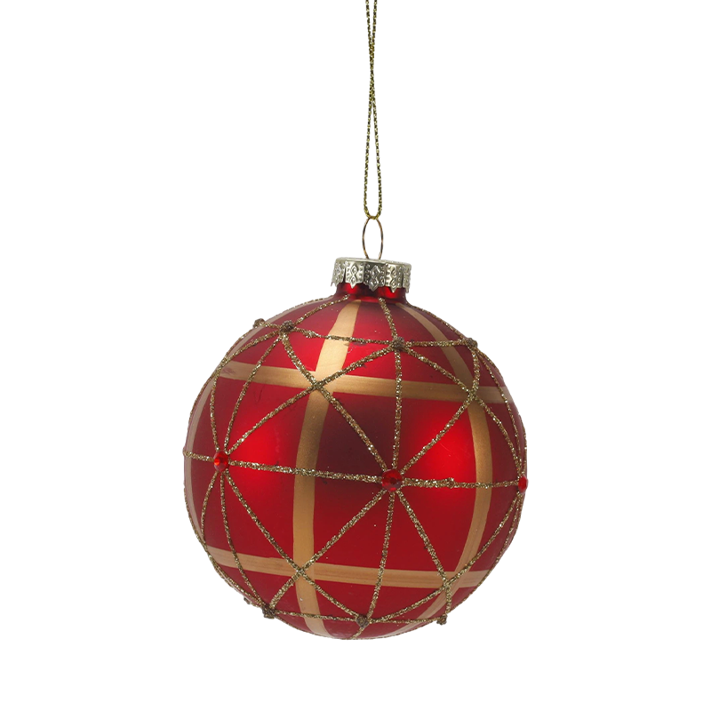 8 cm rode matte glazen kerstbal met gouden glitterwervelingen