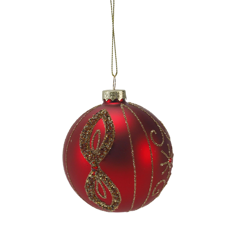 8 cm rode matte glazen kerstbal met gouden glitterwervelingen