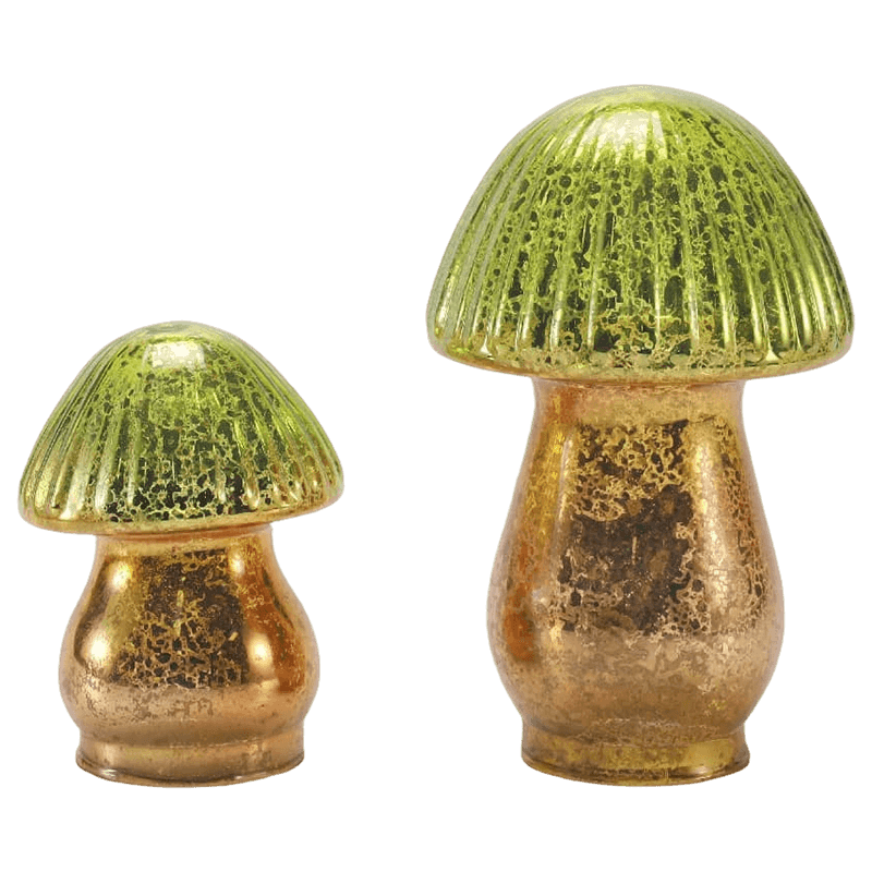 Handgemaakt groen-goud gradiënt geribbeld kwikglas paddestoelornament met led-decoratie