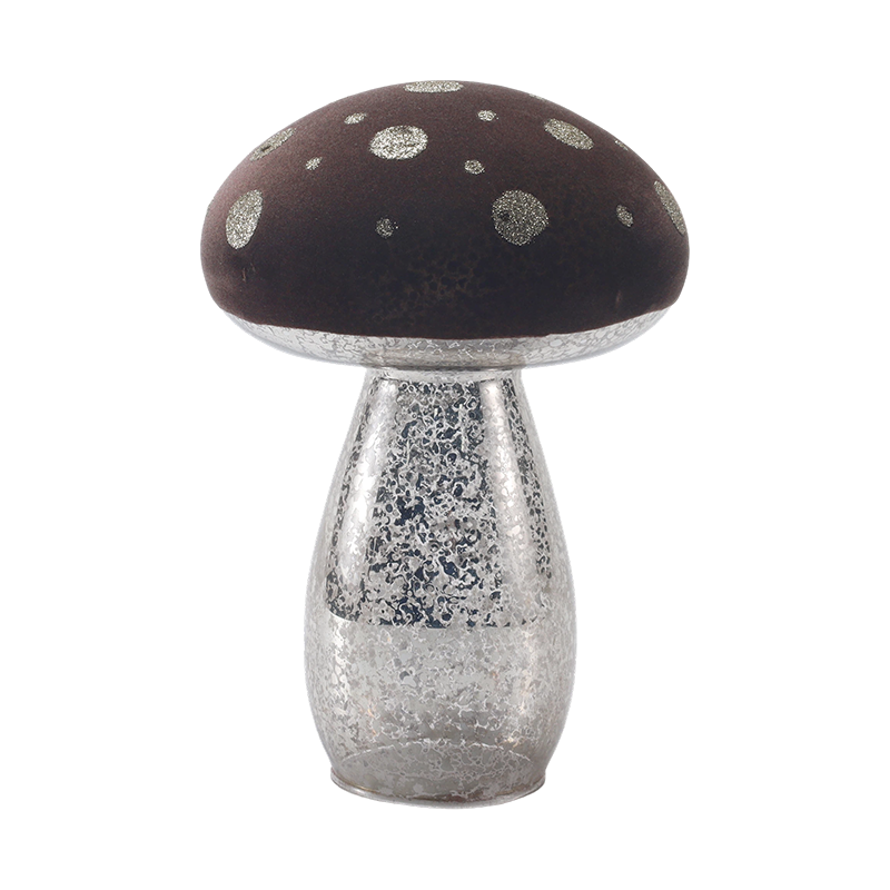 Handgemaakt bruin matglas / fluwelen paddestoelornament met zilveren glittervlekken en led-decoratie