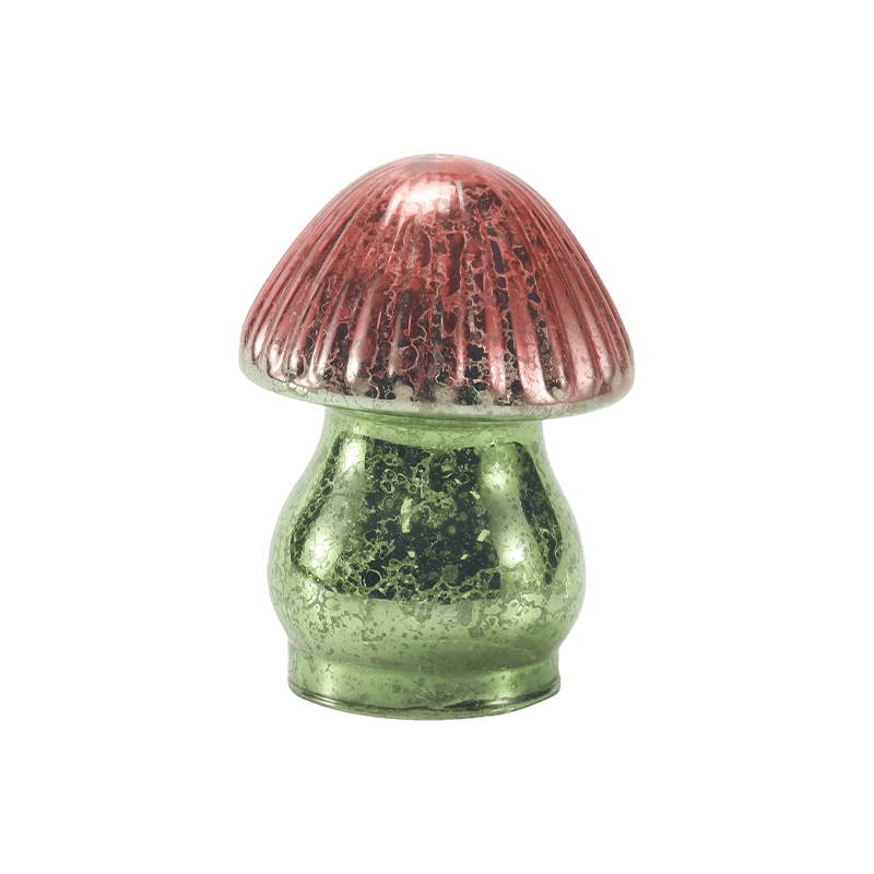 Handgemaakt rood-groen gradiënt geribbeld kwikglas paddestoelornament met led-decoratie