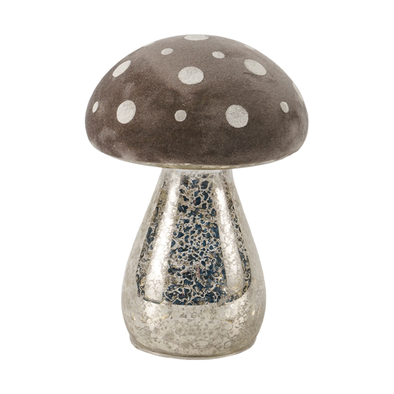 Handgemaakt bruin matglas / fluwelen paddestoelornament met zilveren glittervlekken en led-decoratie