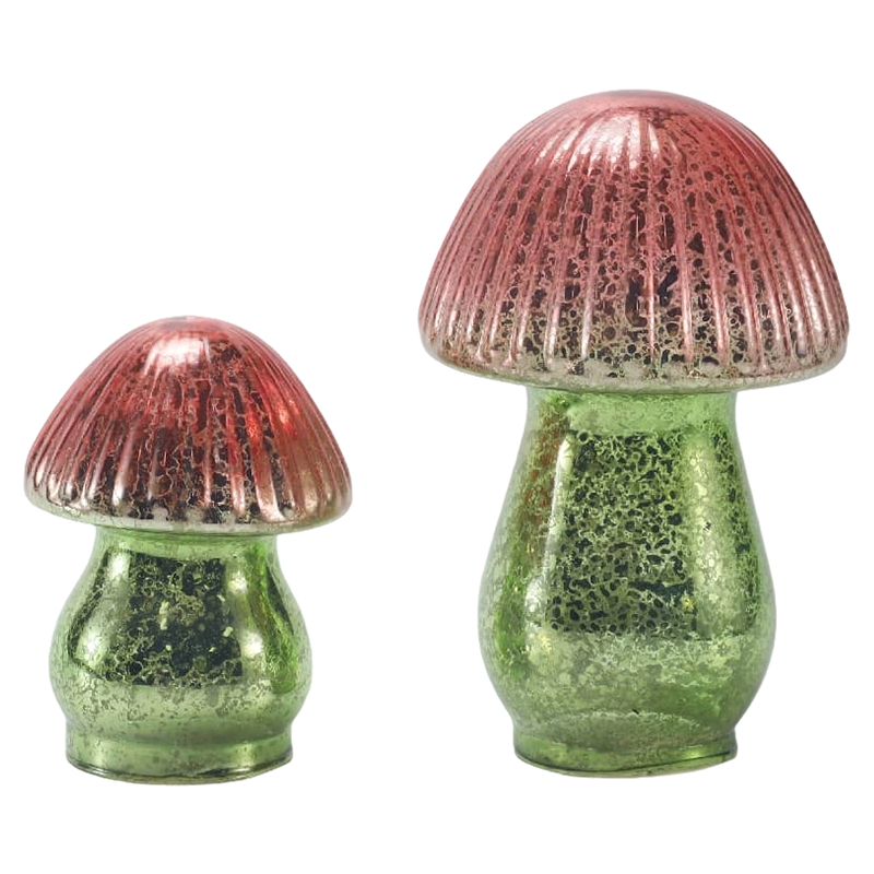 Handgemaakt rood-groen gradiënt geribbeld kwikglas paddestoelornament met led-decoratie