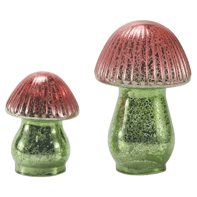 Handgemaakt rood-groen gradiënt geribbeld kwikglas paddestoelornament met led-decoratie