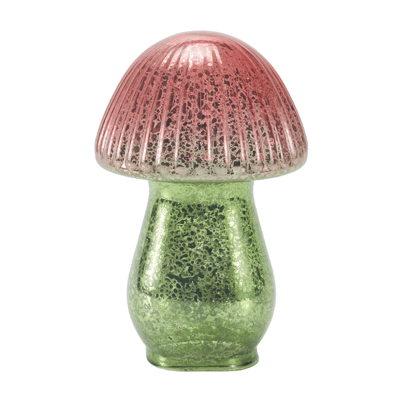 Handgemaakt rood-groen gradiënt geribbeld kwikglas paddestoelornament met led-decoratie