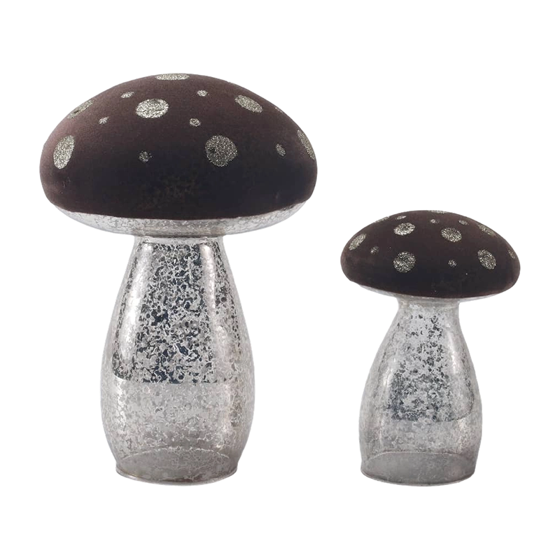 Handgemaakt bruin matglas / fluwelen paddestoelornament met zilveren glittervlekken en led-decoratie