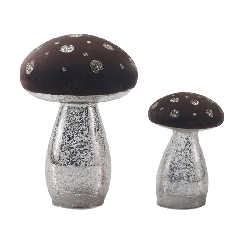 Handgemaakt bruin matglas / fluwelen paddestoelornament met zilveren glittervlekken en led-decoratie